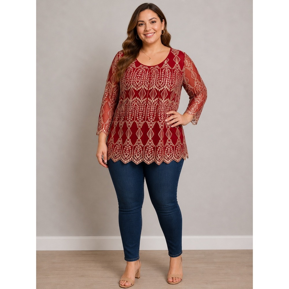 Reba Tunic Top Women XL Red Gold Metallic Embroidered Mesh‎ Scalloped Blouse